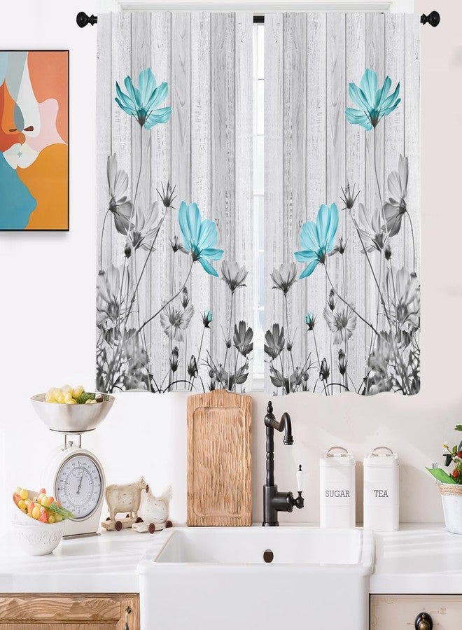 Kikiry Teal Floral Kitchen Curtains Mini 27.5''W x 39''L Patterned Gray Turquoise Flower Farmhouse Rustic Aqua Daisy Grey Short Small Cafe Room Rod Pocket Window Drapes Treatment Tiers Fabric 1 Pair - Image 1